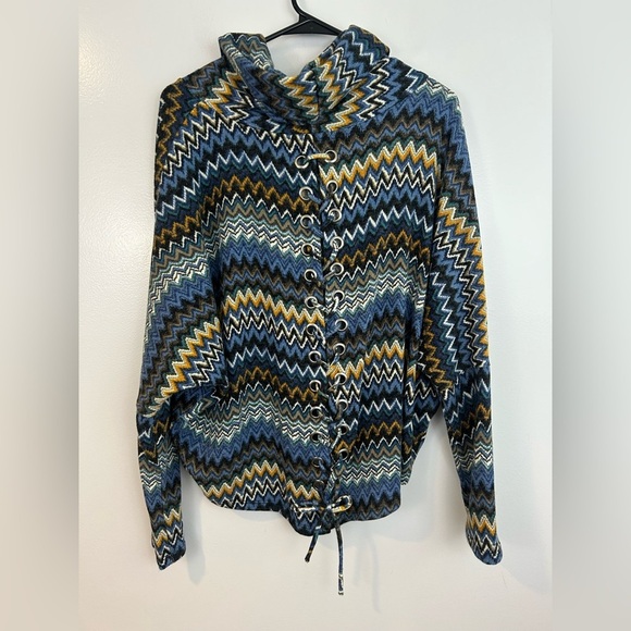 Ariella Blue Zig Zag Chevron Cowl Neck Lace Up Pullover Sweater Size Large - Picture 2 of 11